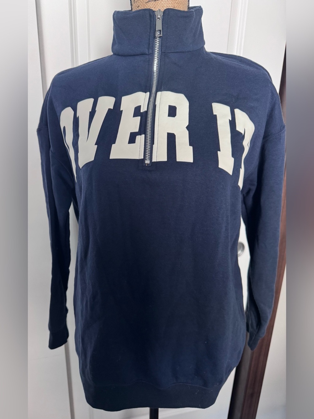 Self Esteem Navy Half-Zip Sweater with White Lettering: “OVER IT”